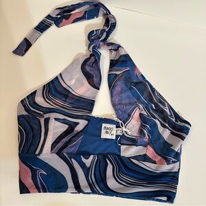 Princess Polly Womens Size 8 Blue Althea Wave Print Halter Crop Top Slim Fit NEW